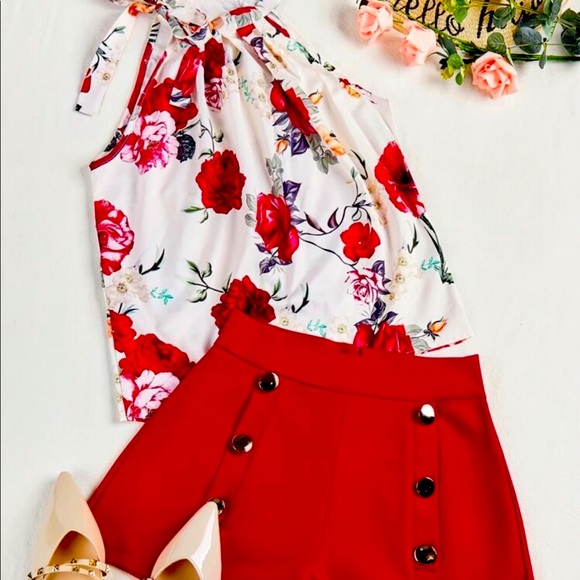 Pants - Floral print top (red)  with shorts.   NWT